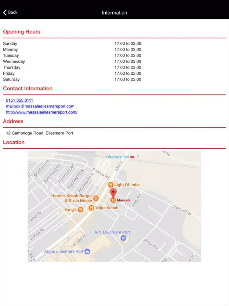 Tangkapan layar Massala Ellesmere Port iPad 