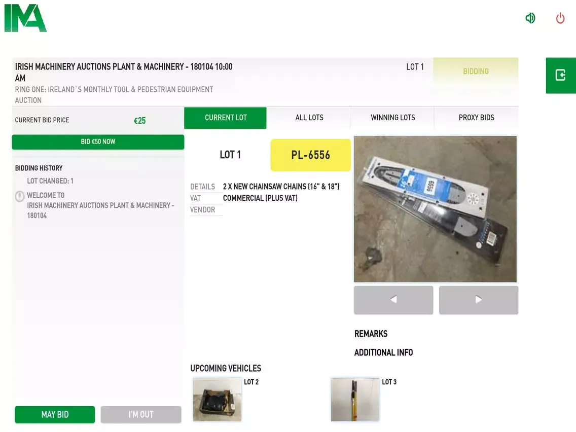 Tangkapan layar Irish Machinery LiveBid iPad 