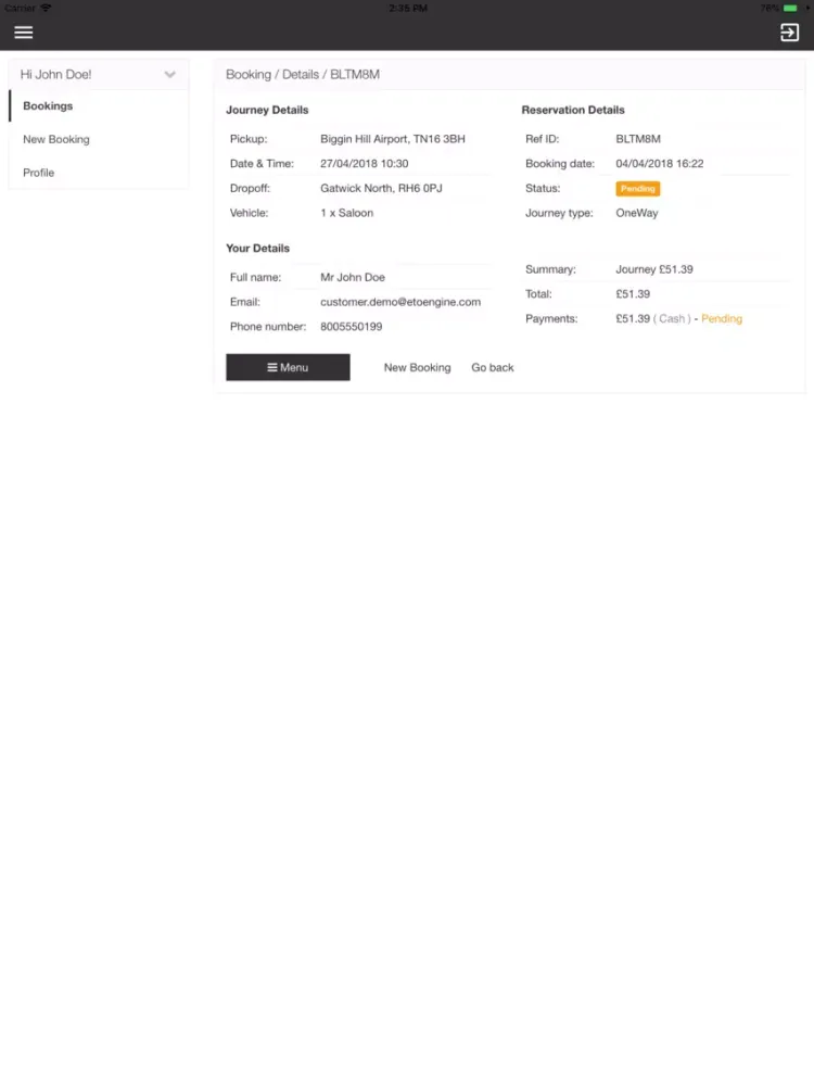 Tangkapan layar LD Private Hire Taxis iPad 