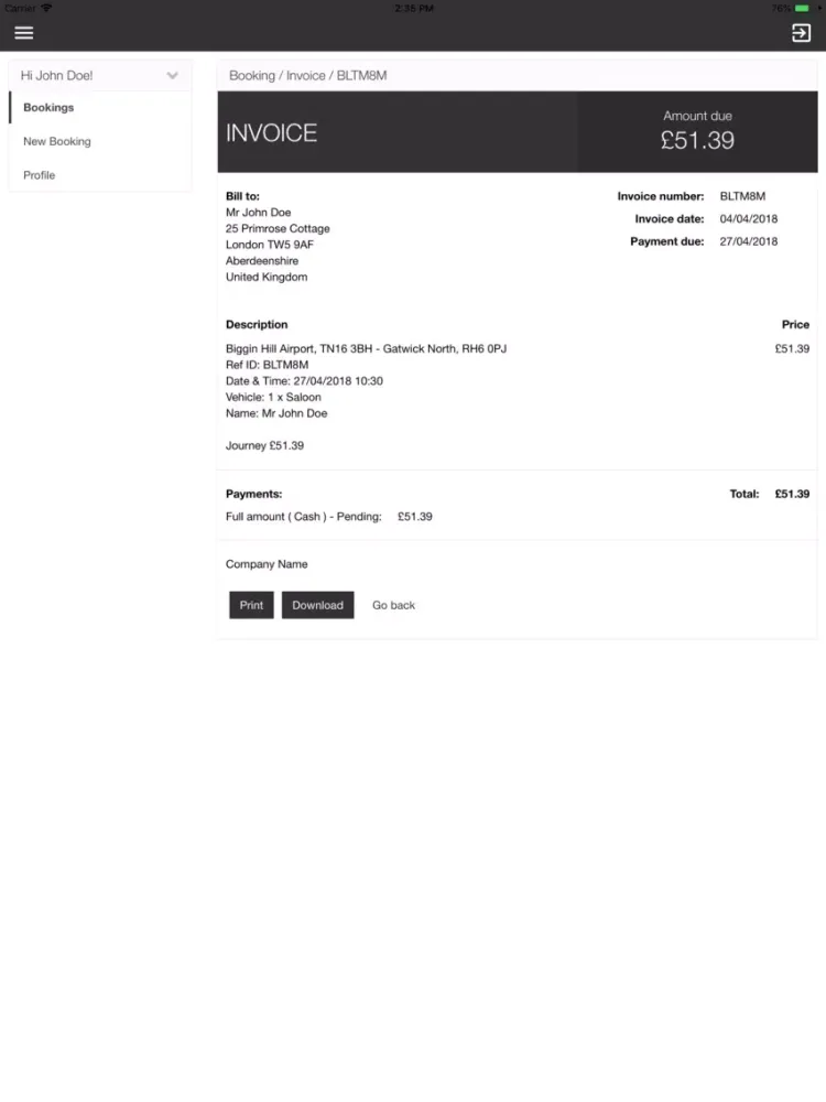Tangkapan layar LD Private Hire Taxis iPad 