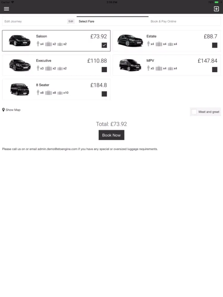 Tangkapan layar LD Private Hire Taxis iPad 