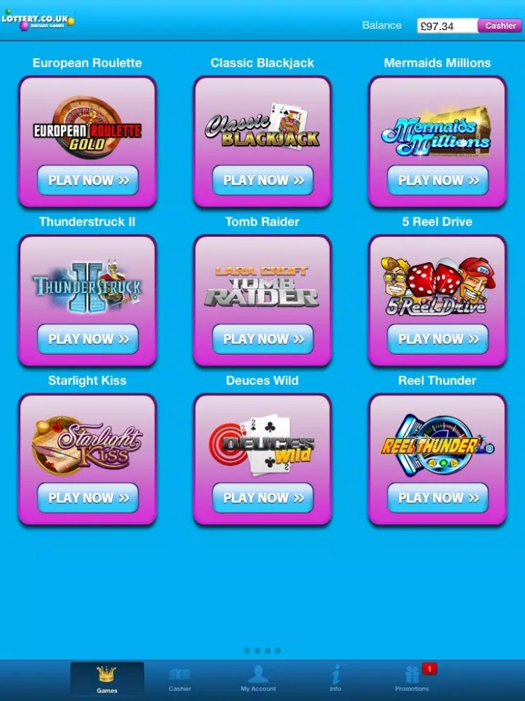 Capturas de tela do Lottery.co.uk Casino iPad 