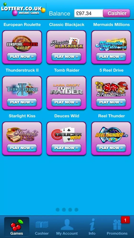 Capturas de tela do Lottery.co.uk Casino