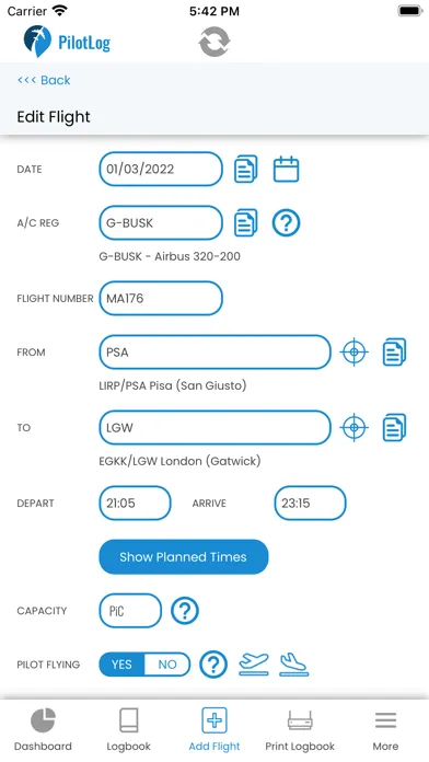 Скриншоты PilotLog