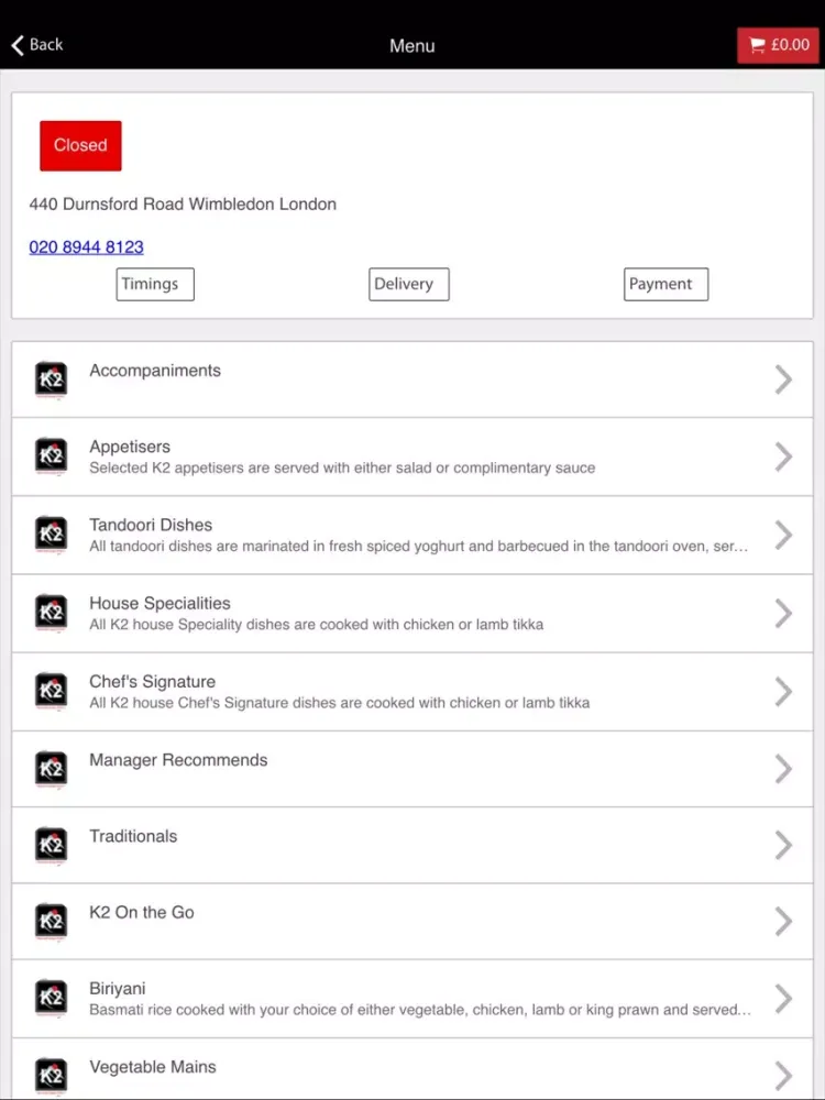 K2 Wimbledon Indian Takeaway iPad  Screenshots