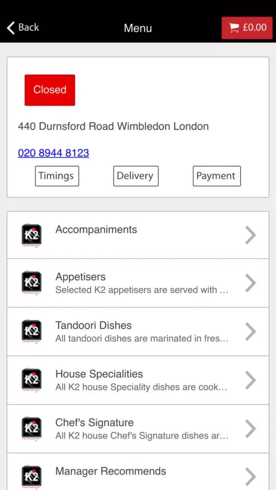 K2 Wimbledon Indian Takeaway Screenshots