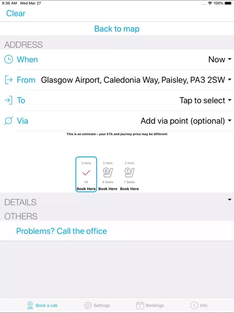 Tangkapan skrin Glasgow Airport Taxis iPad 
