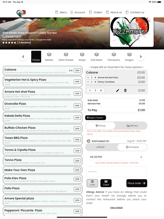 Pizza Amore Takeaway iPad 应用截图