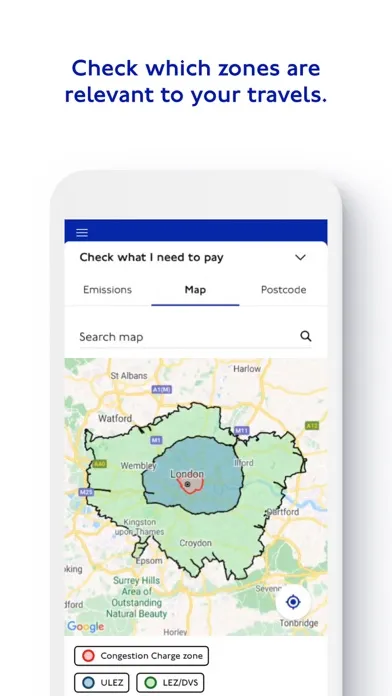 Capturas de tela do TfL Pay to Drive in London