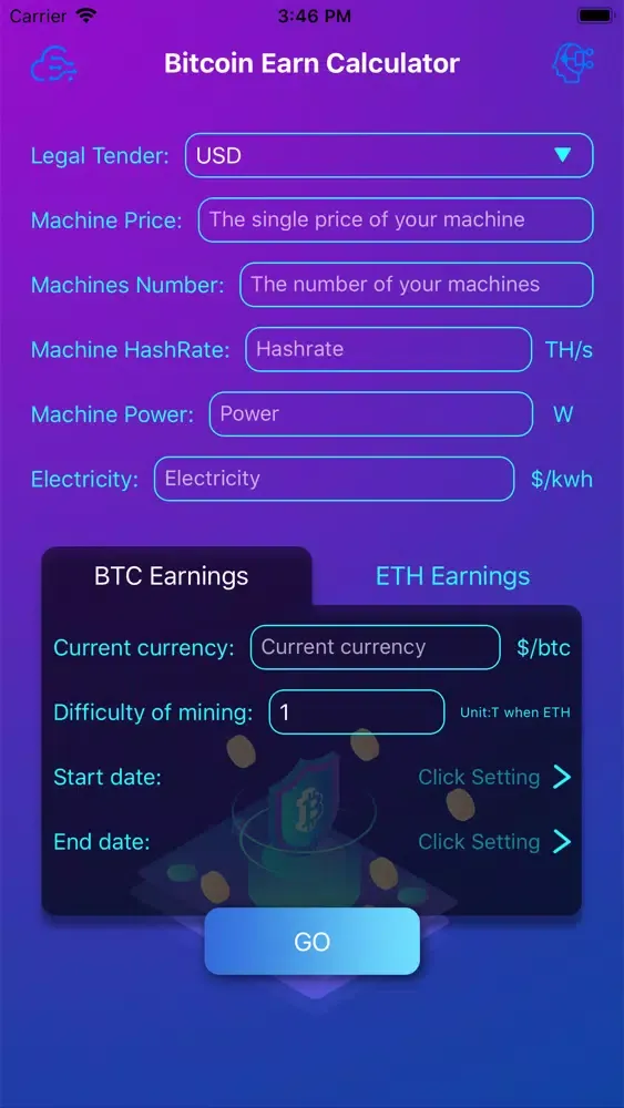 Capturas de tela do Bitcoin Earn Calculator