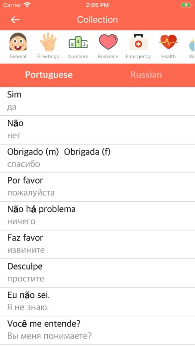 Capturas de tela do Portuguese-Russian Dictionary