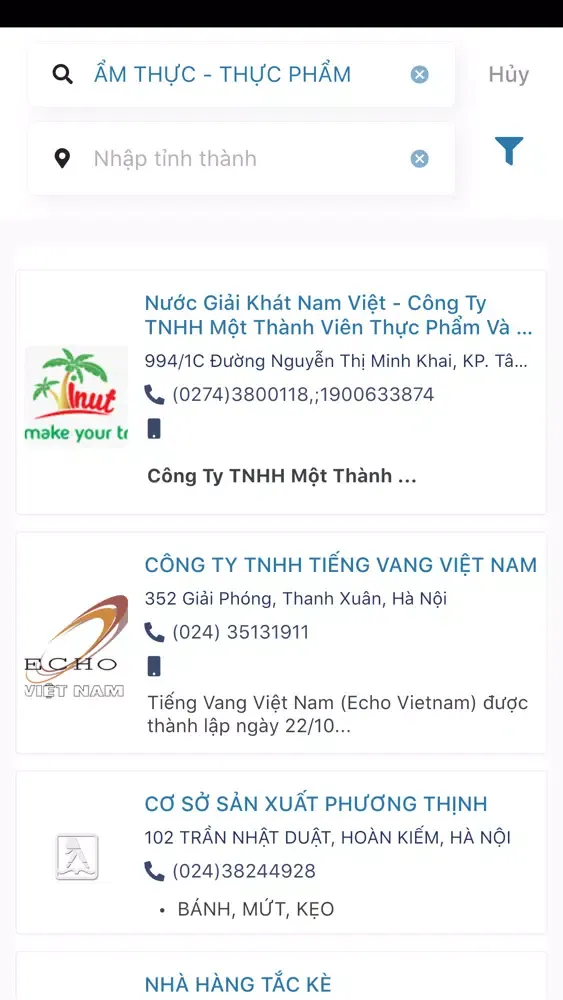 Tangkapan skrin YP Những trang vàng VN