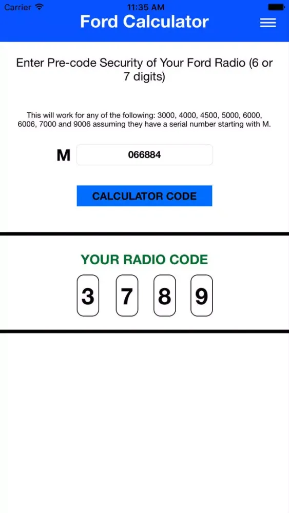 Tangkapan layar Ford Radio Code Online Version