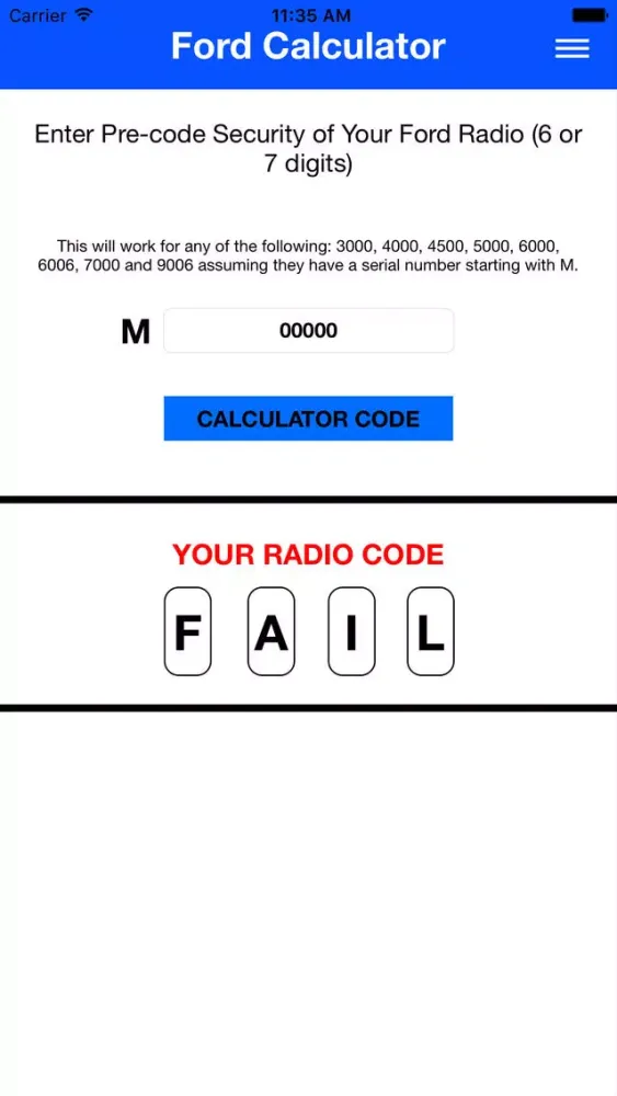 Tangkapan layar Ford Radio Code Online Version