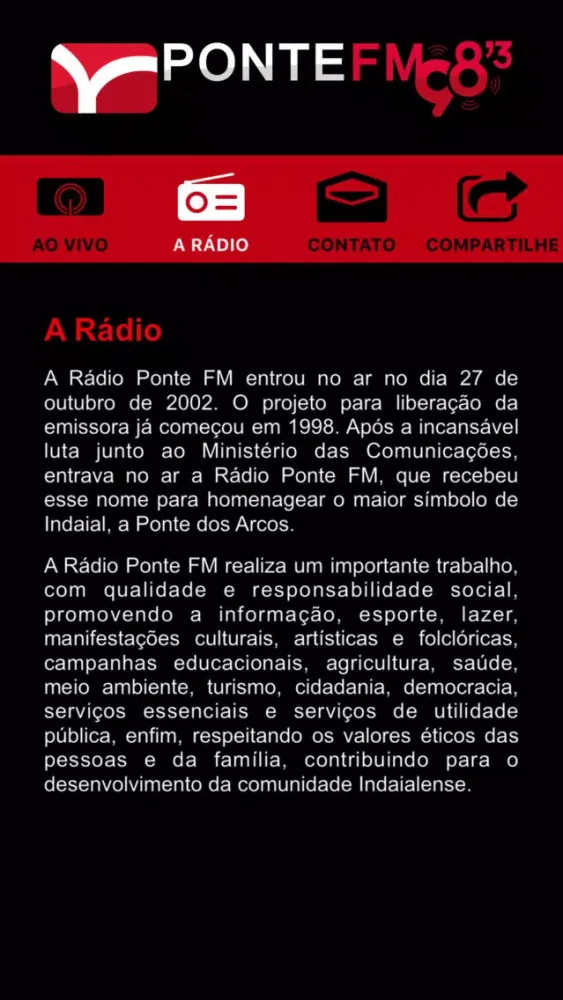 Capturas de tela do Rádio Ponte FM