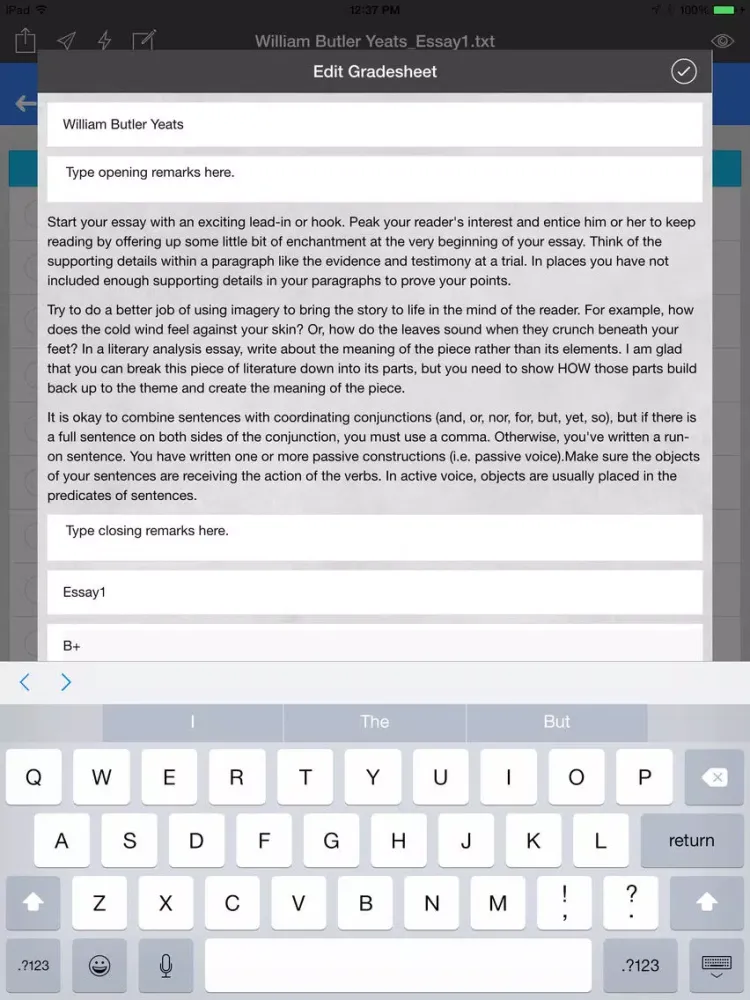 Capturas de tela do Essay Grader iPad 