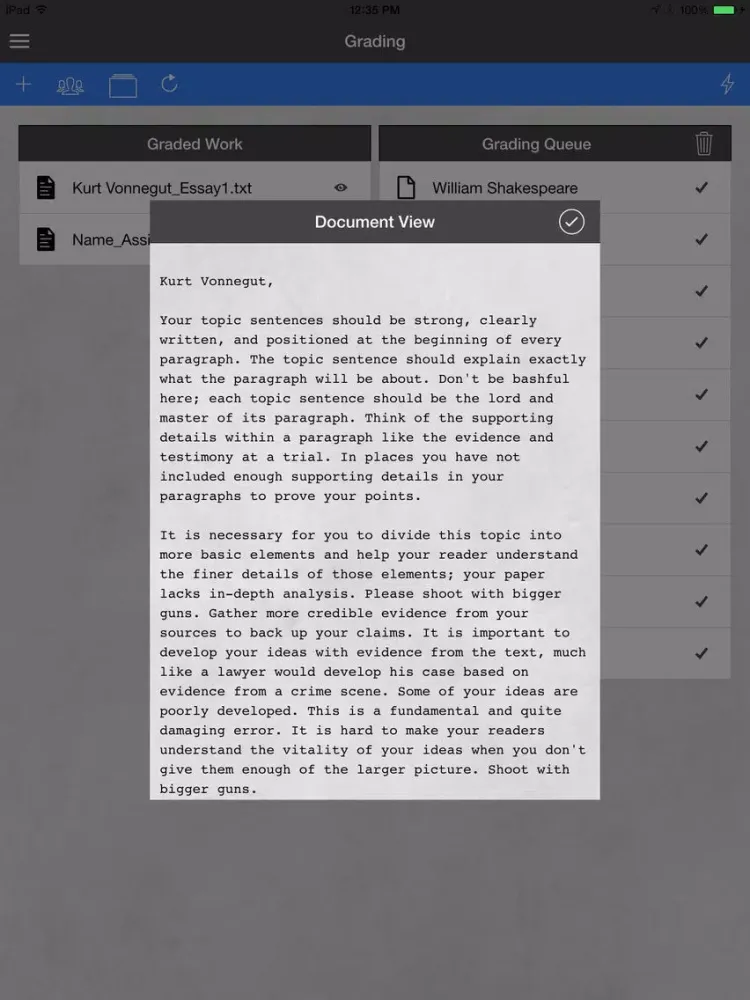Capturas de tela do Essay Grader iPad 