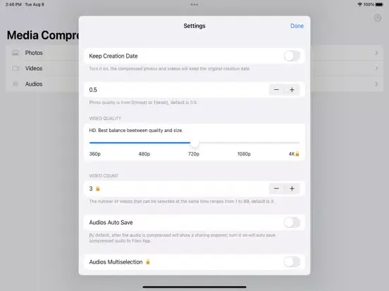 Capturas de tela do Media Compression iPad 
