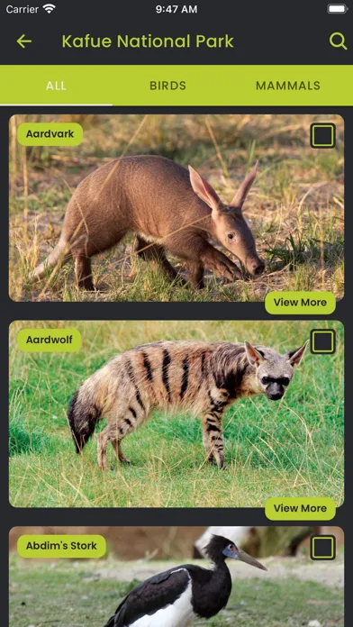 Capturas de tela do Zambia Bird & Mammal Checklist