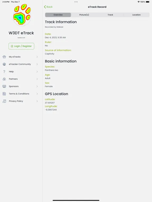 ภาพหน้าจอของ W3DT eTrack iPad 